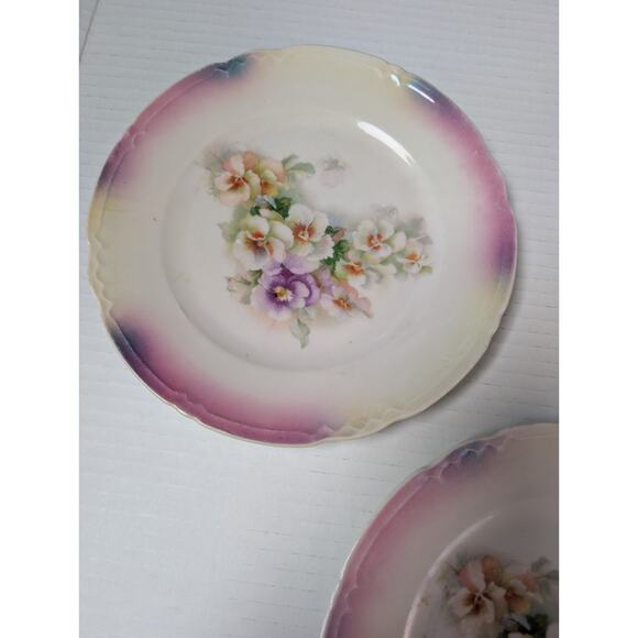 Antique German Lusterware Plates Floral Pansy Set of 3 Pink Iridescent Trim - Picture 5 of 9